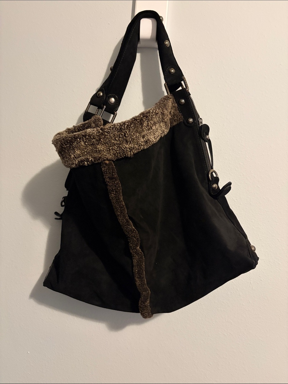 Stuart Weitzman Black Shoulder Bag with Brown Sherpa Trim